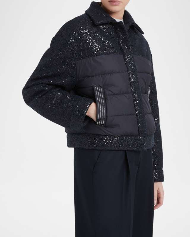 Mixed Media Sequin Down Puffer Jacket